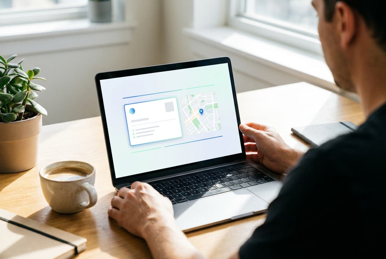 A person at a laptop viewing a clean AI search result that highlights a recommended local business alongside a map.