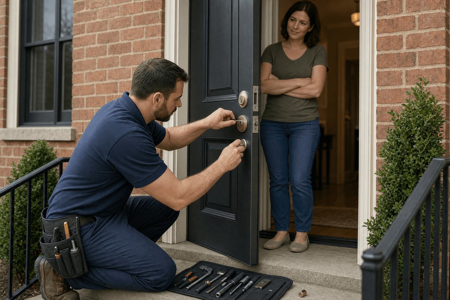 Locksmith installing a deadbolt at a townhouse door while the homeowner watches