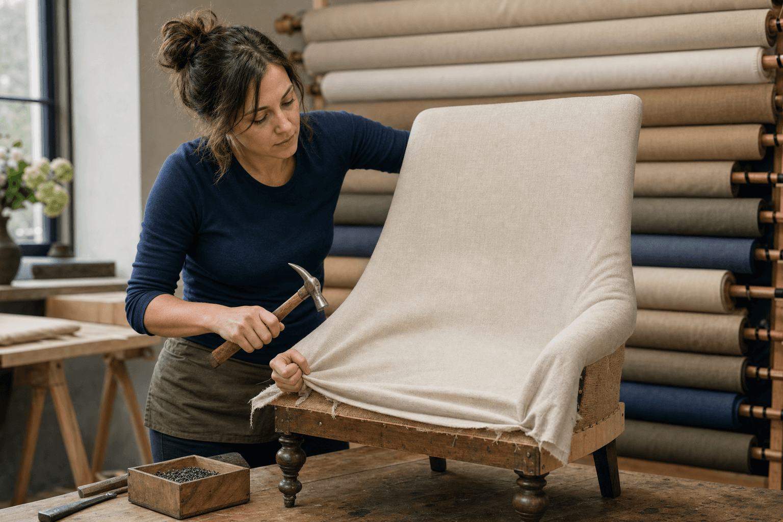Upholsterer re-covering an armchair in her workshop