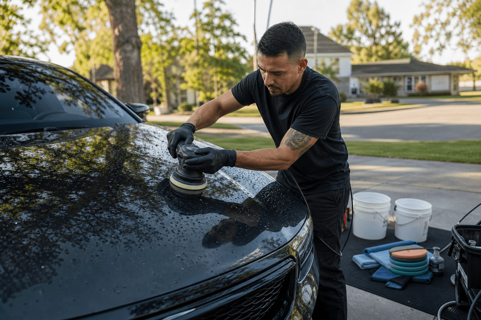 Mobile detailer polishing a car hood in a suburban driveway