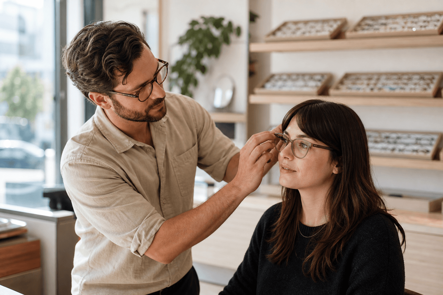 Optician fitting eyeglass frames on a seated customer