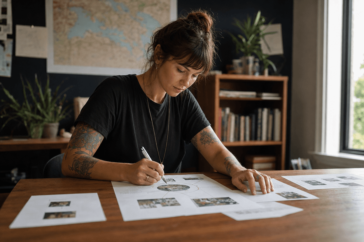 A small business owner arranges printed pages into a pillar-and-cluster layout on a desk, drawing lines to connect related topics.
