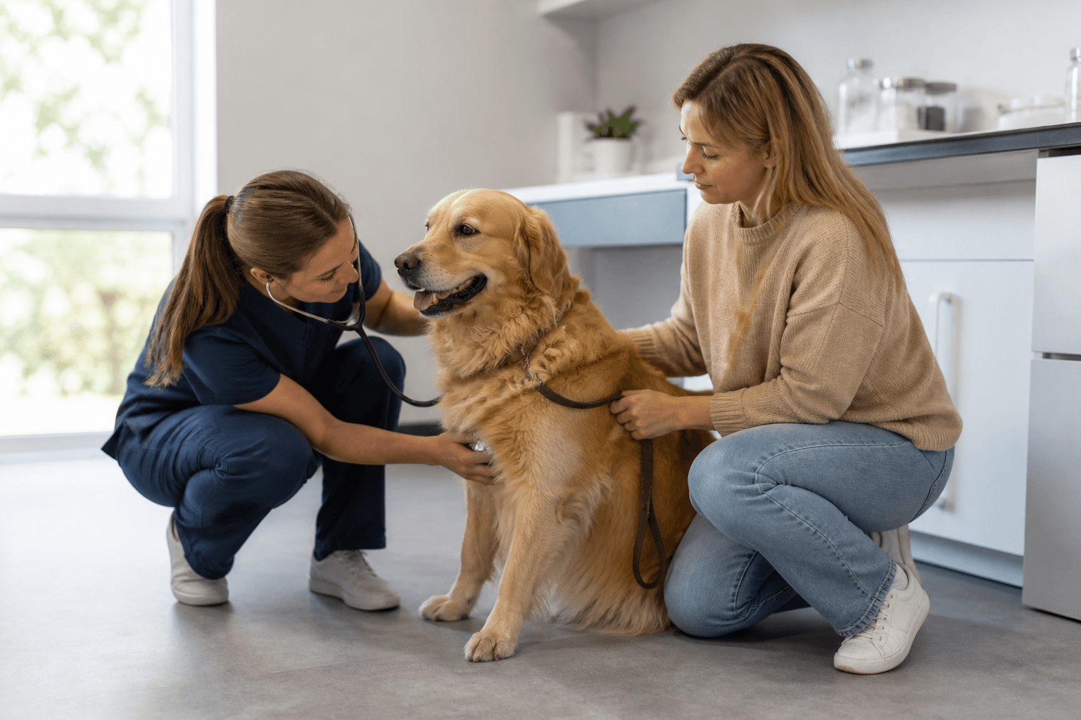 Veterinarian examining a golden retriever on the floor while its owner steadies the leash