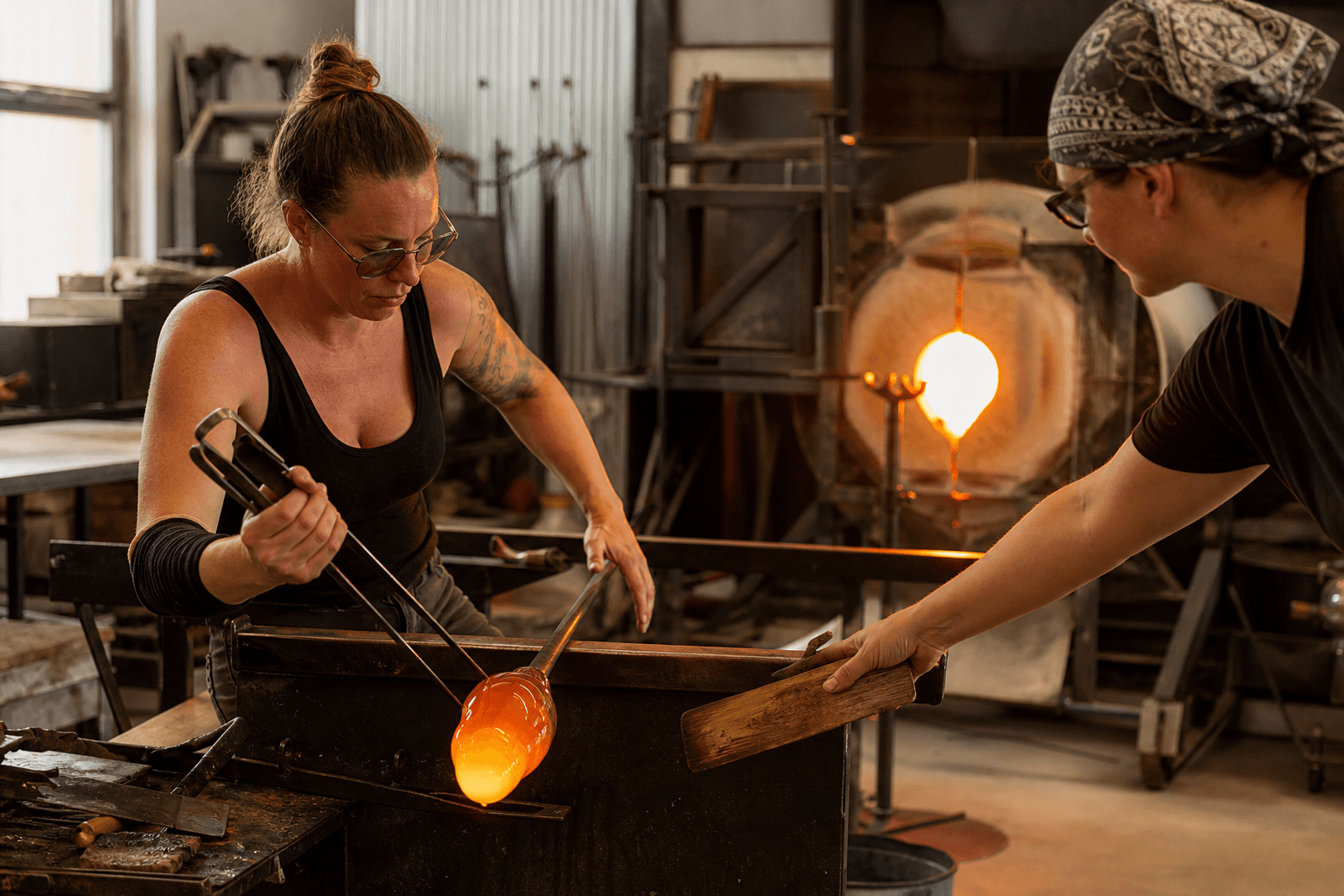 Glassblower shaping molten glass at the bench while an assistant helps