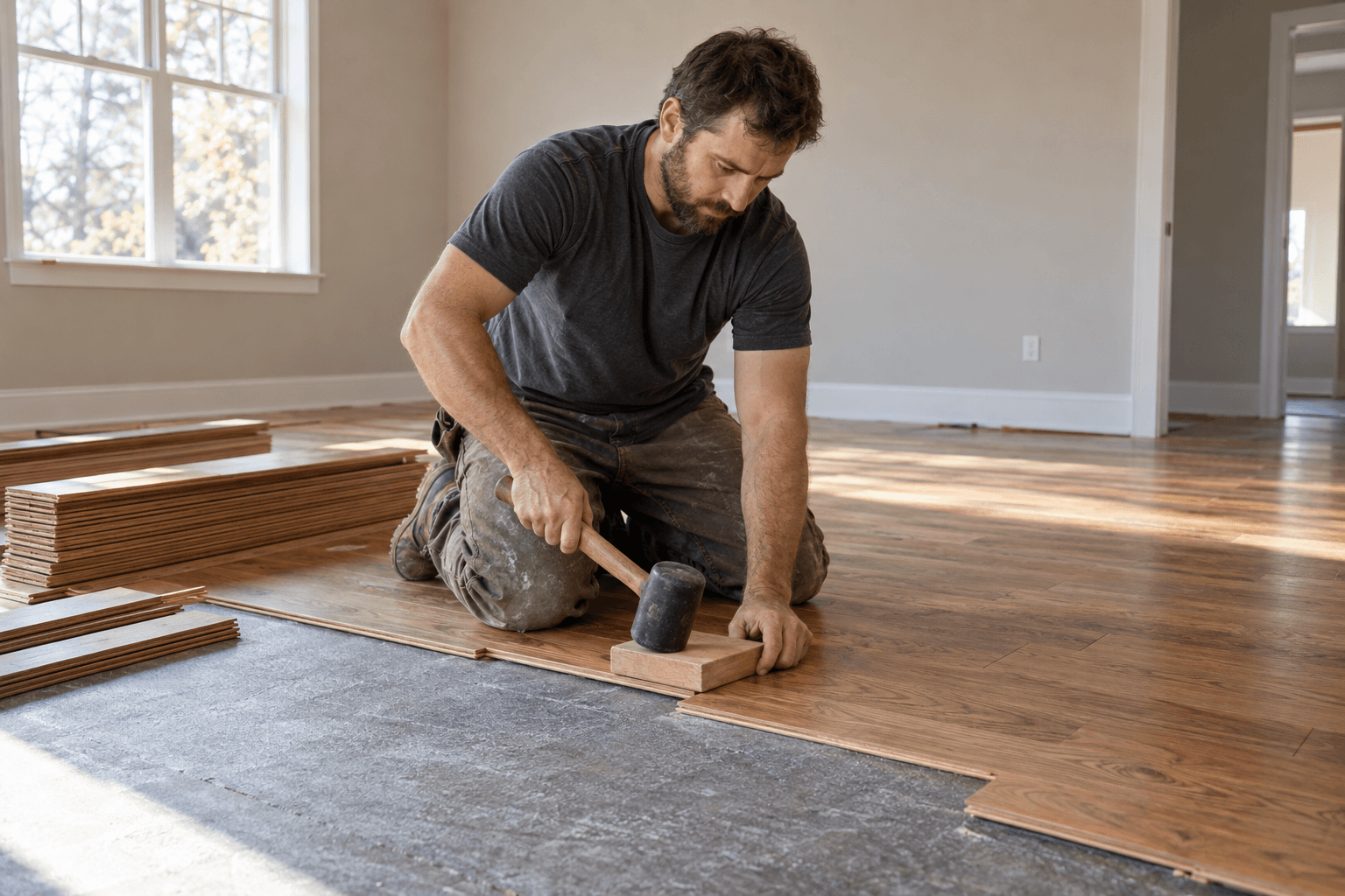Flooring installer tapping a hardwood board into place