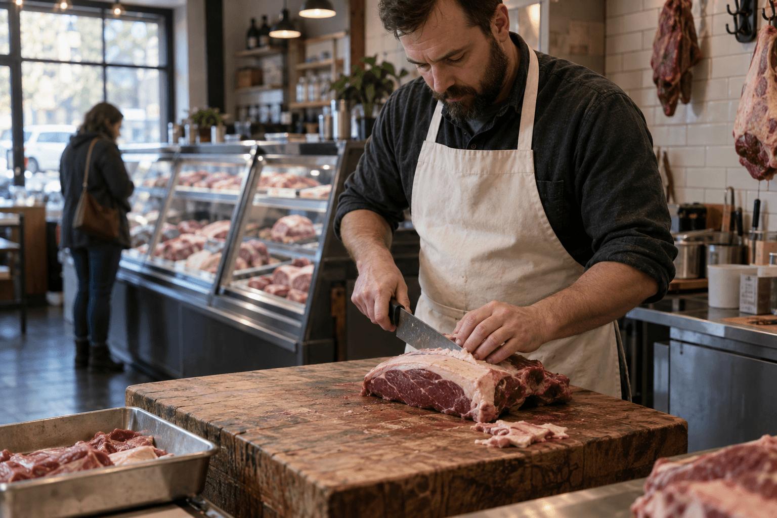 Butcher trimming a cut at the block while a customer waits