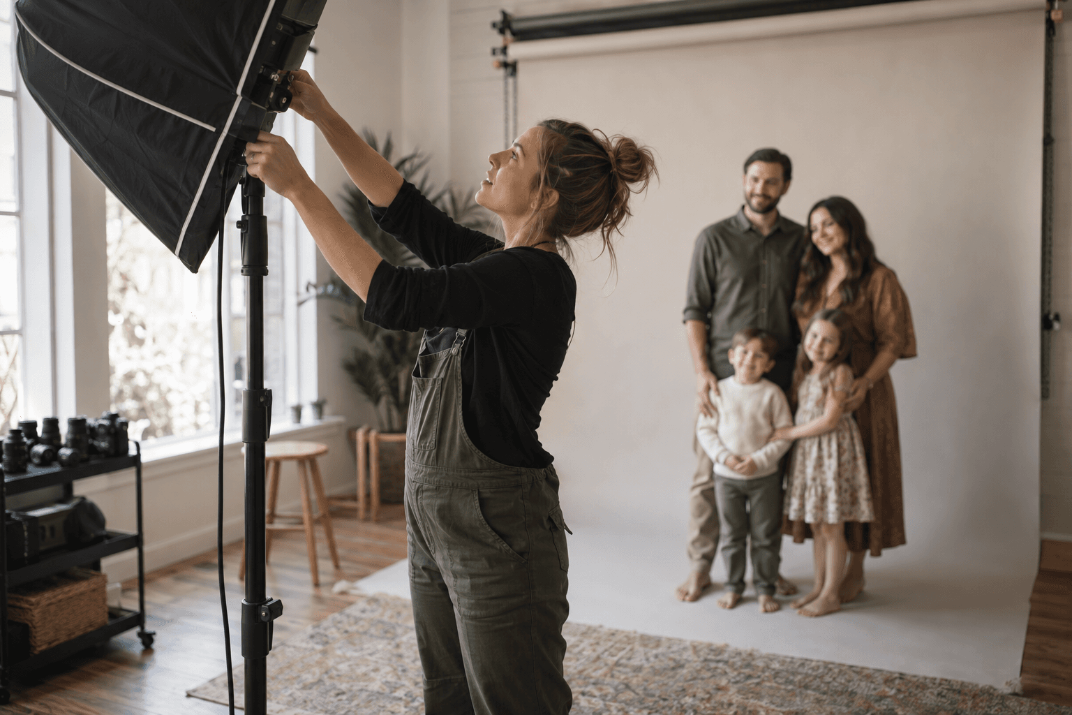 Photographer adjusting a softbox for a family portrait