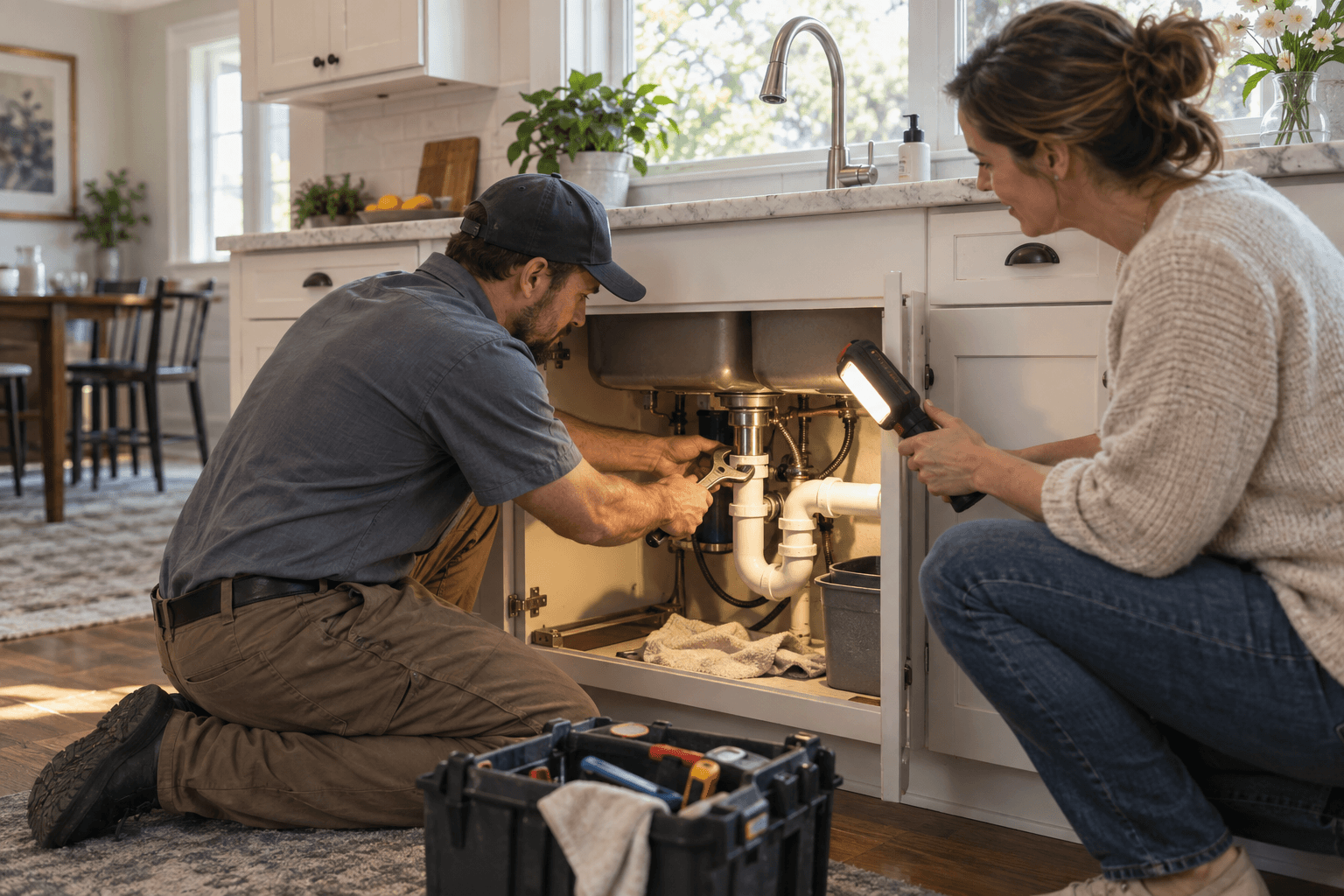 Plumber fixing a kitchen sink while the homeowner holds a work light