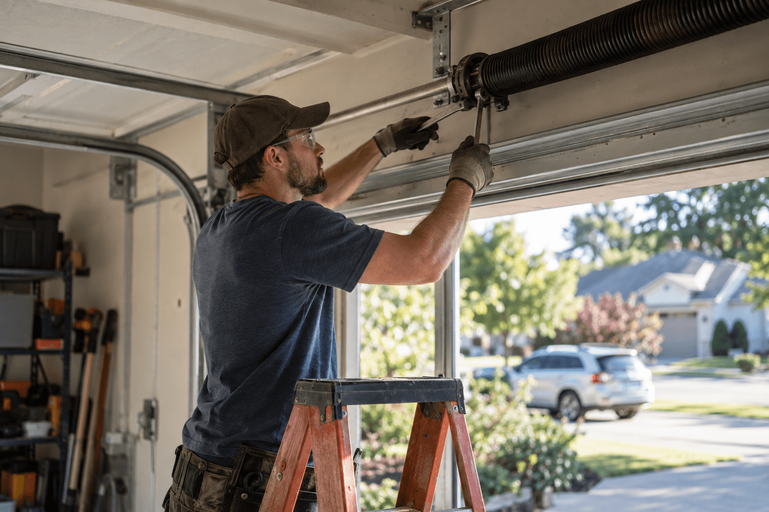Garage-door technician adjusting a spring from a stepladder