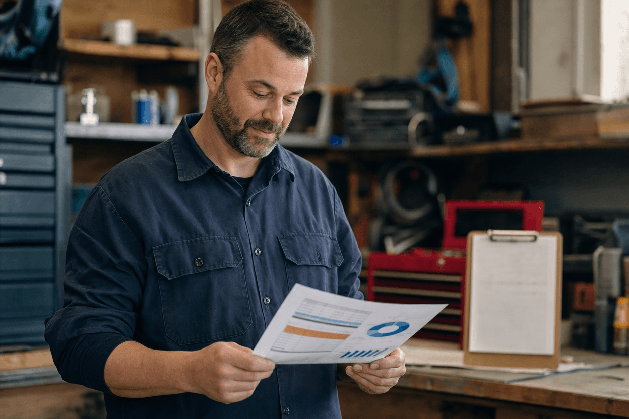 A tradesperson reviewing a printed case study with highlighted performance figures in a small workshop.