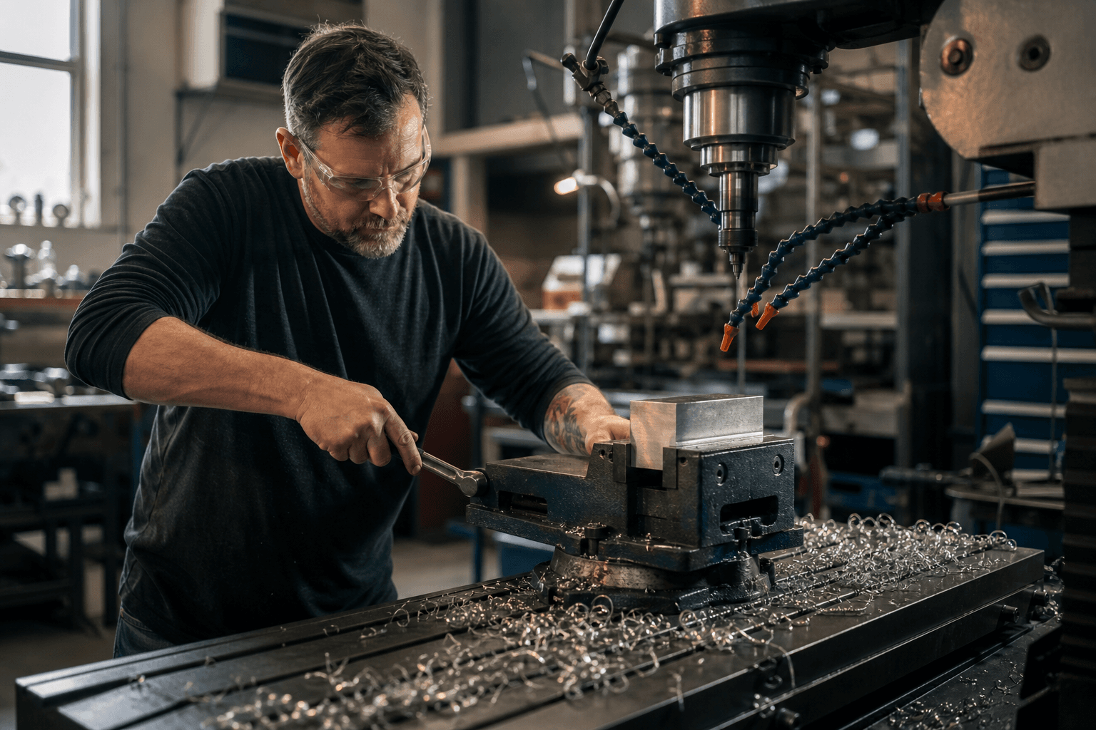 Machinist clamping a steel billet into a milling machine vise