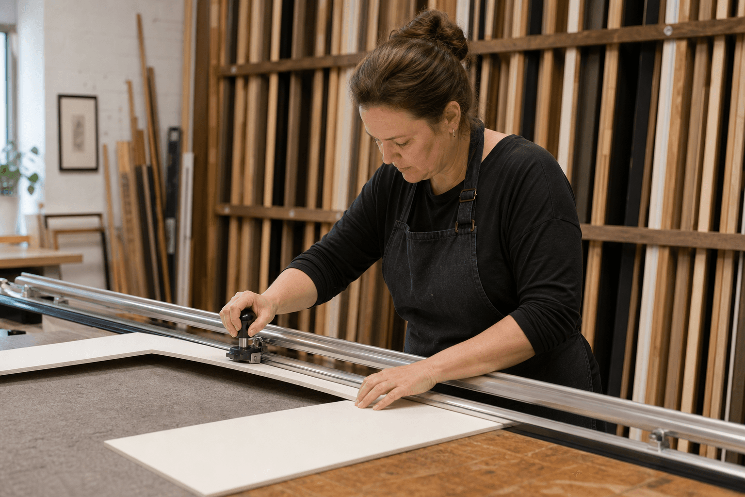 Picture framer cutting a bevel in a mat board at her cutting bar