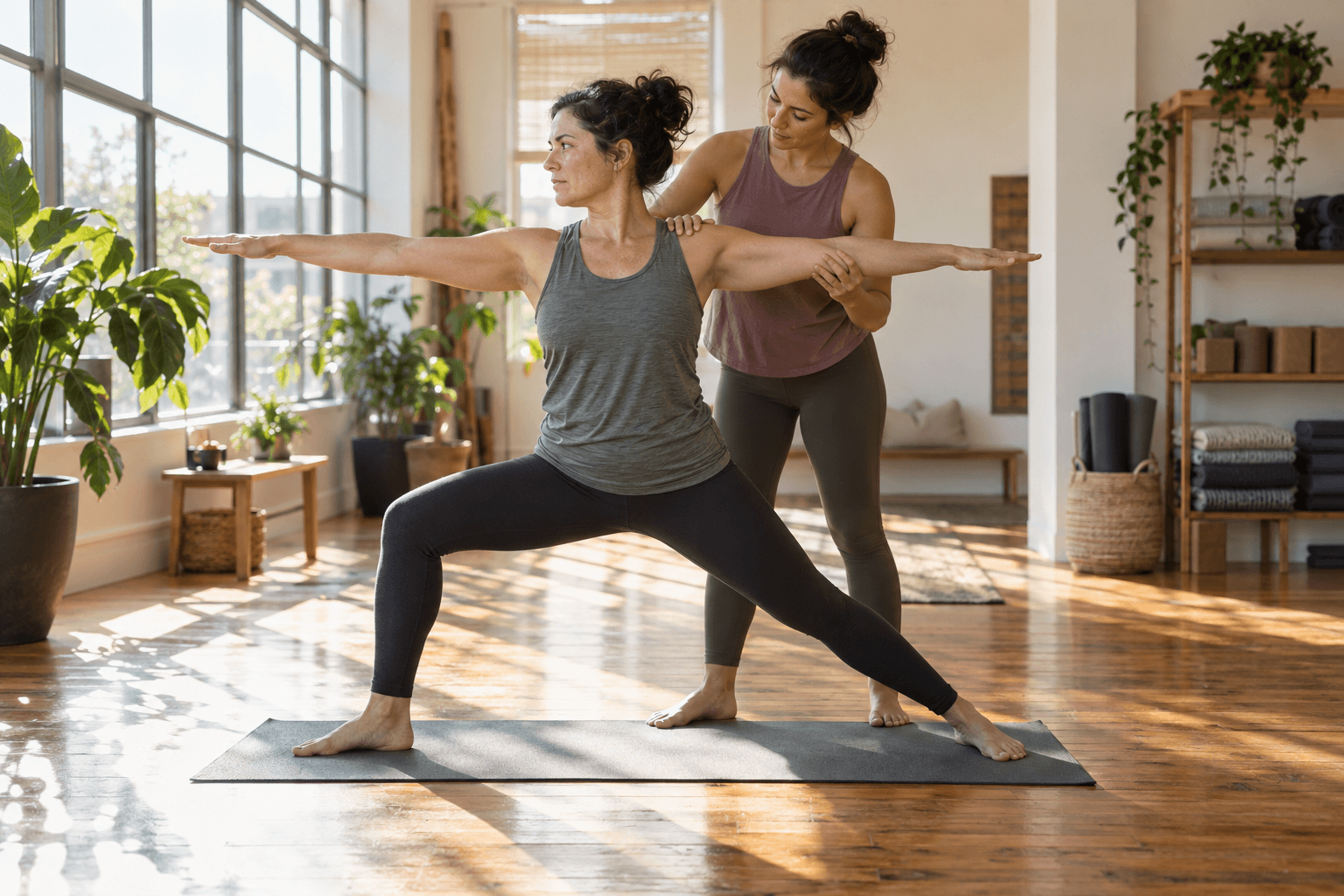 Yoga instructor adjusting a student's pose in a sunlit studio