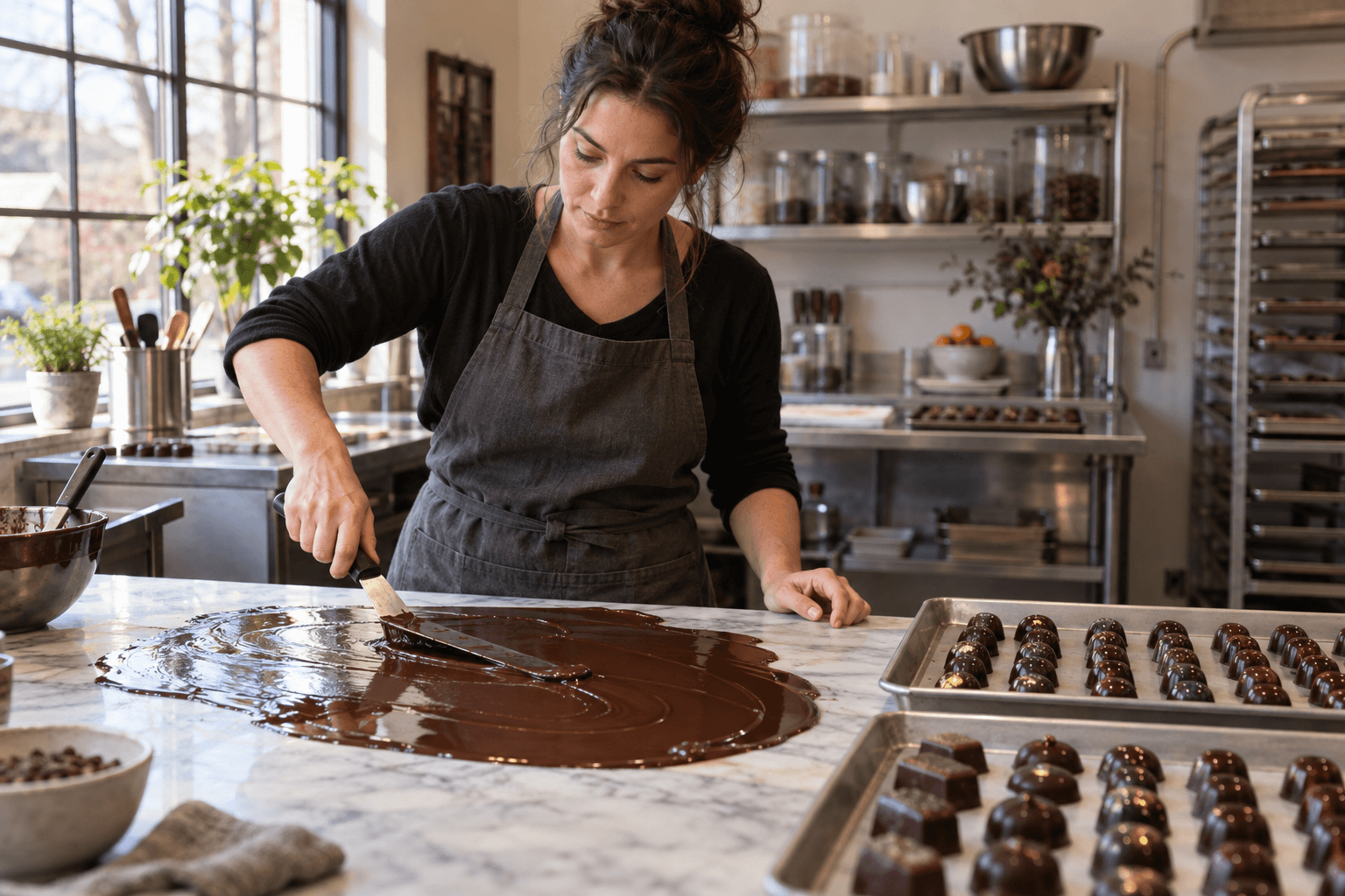 Chocolatier tempering chocolate on a marble slab in her kitchen