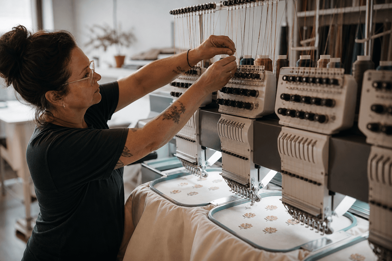 Operator threading a multi-head embroidery machine stitching a floral pattern
