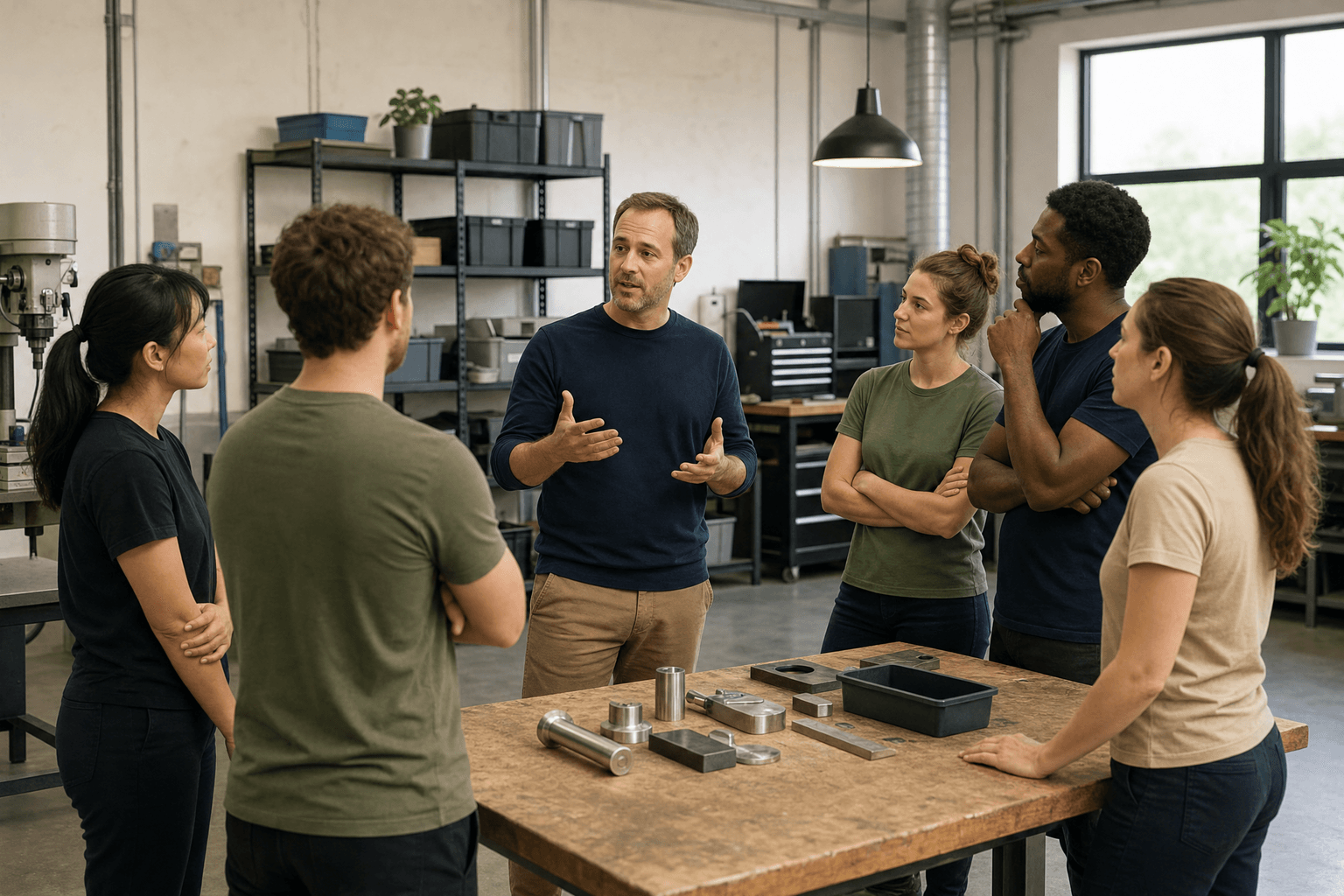 Founder talking with his team around a workshop bench