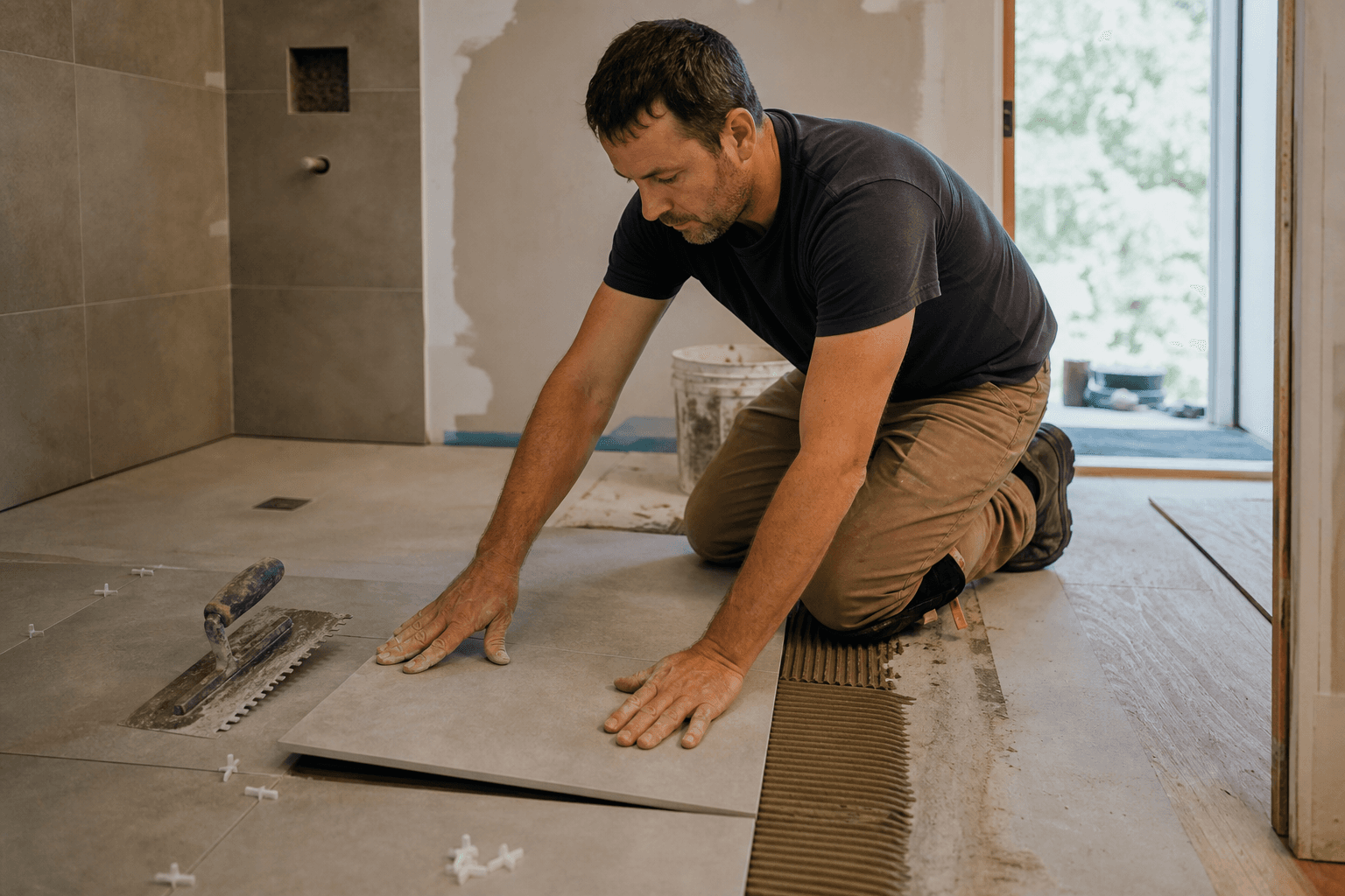 Tile setter bedding a large tile into mortar on a bathroom floor