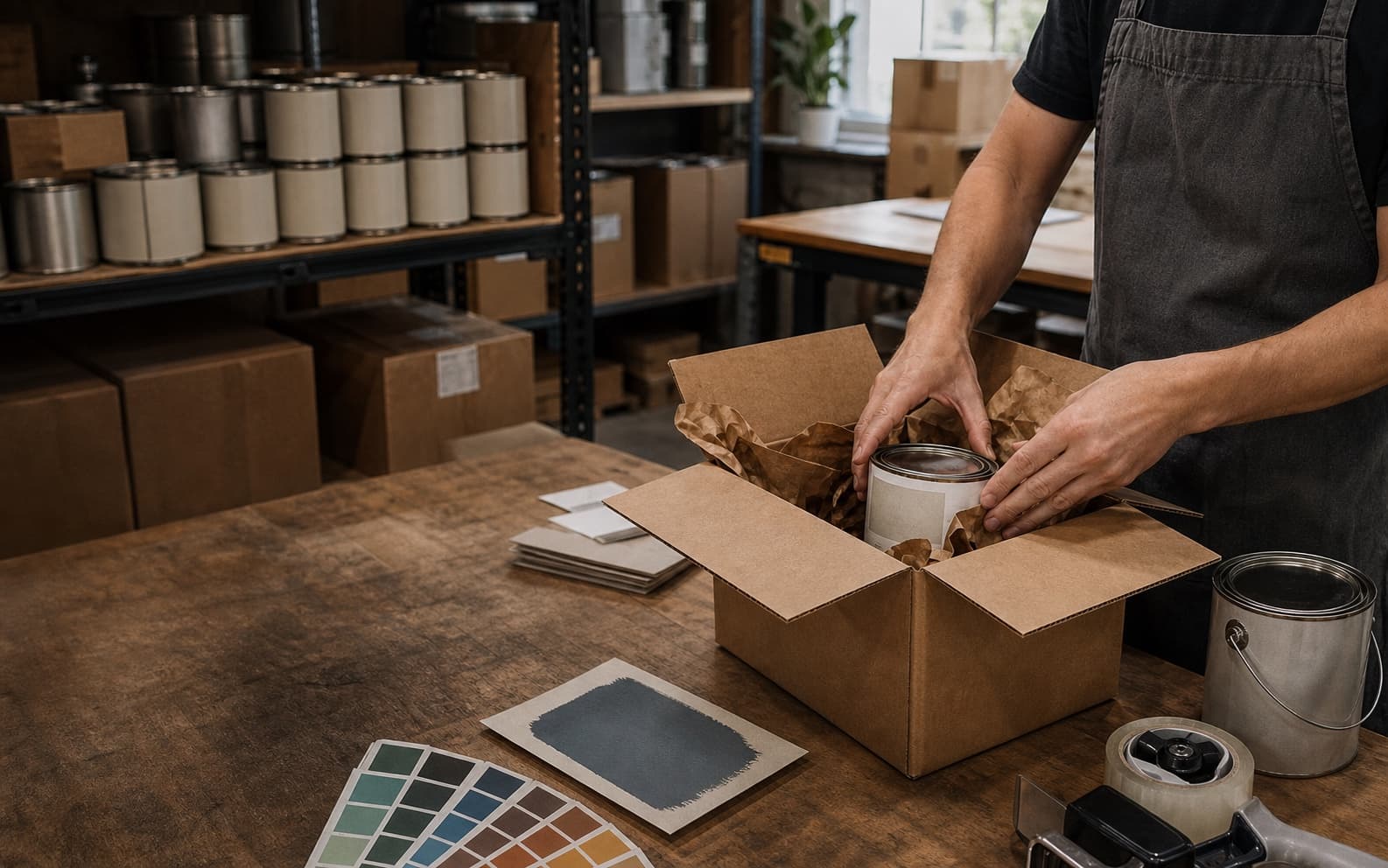 Paint order being packed for shipment beside color swatches