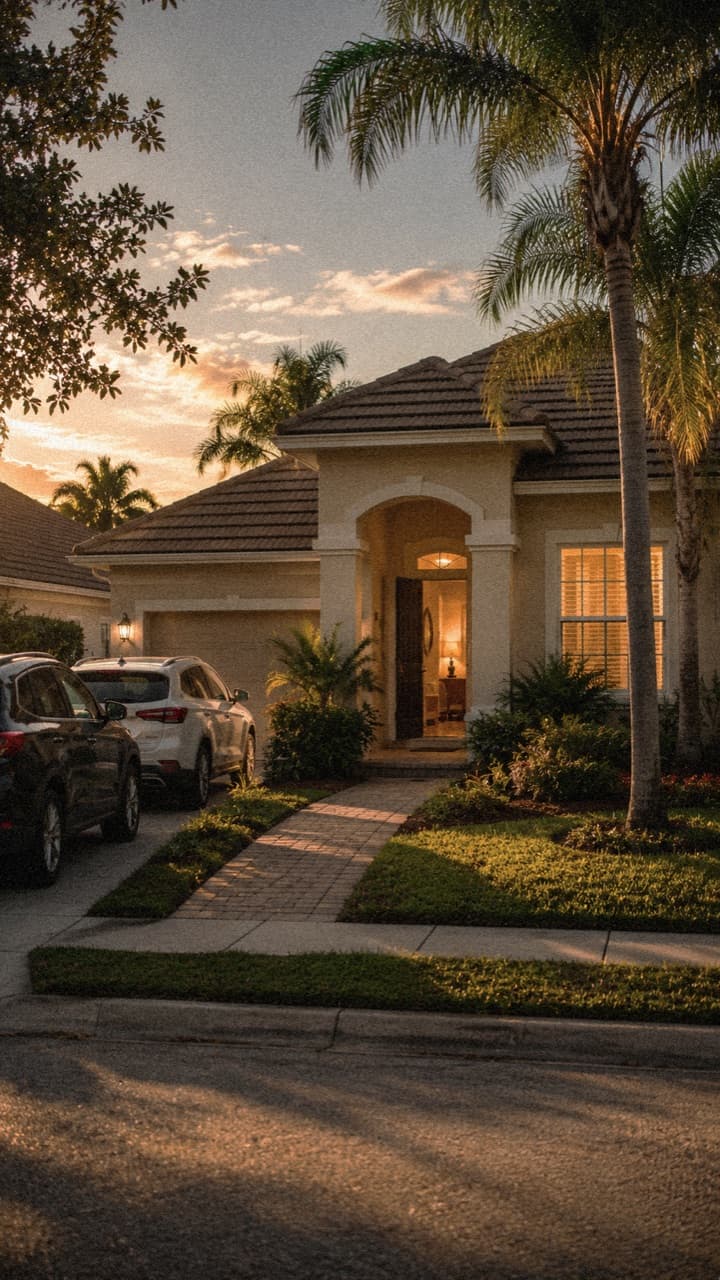 Residential home at dusk in a suburban neighborhood
