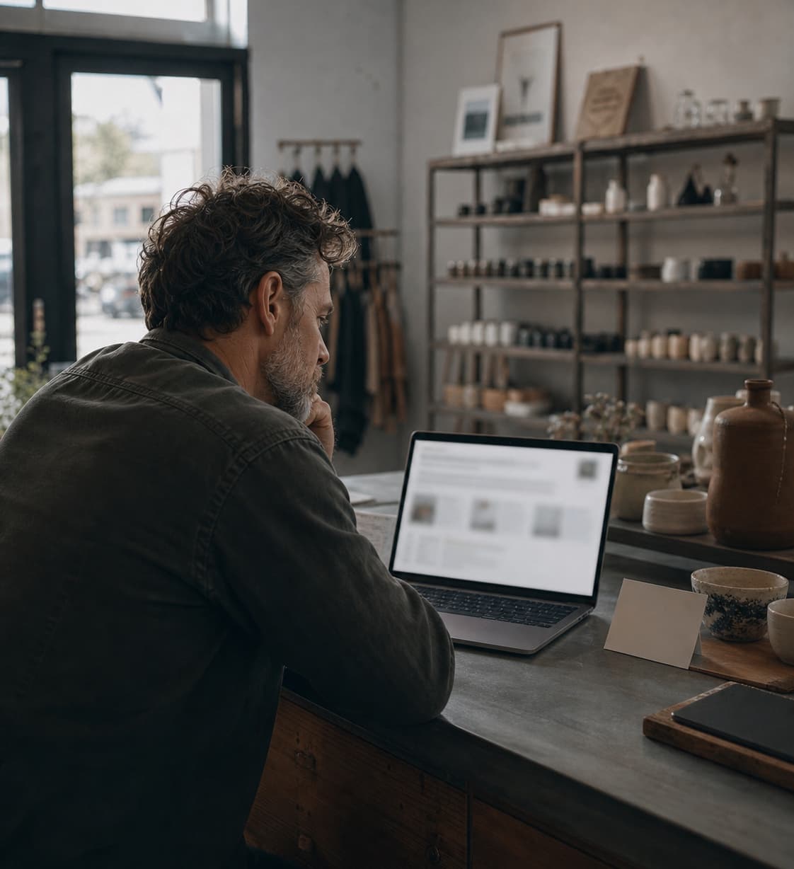 Specialty store owner searching for their business on a laptop before opening