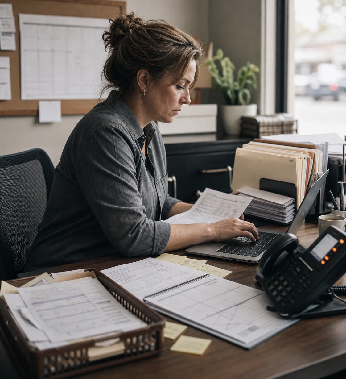 Small business operator retyping customer forms into a laptop amid manual admin work
