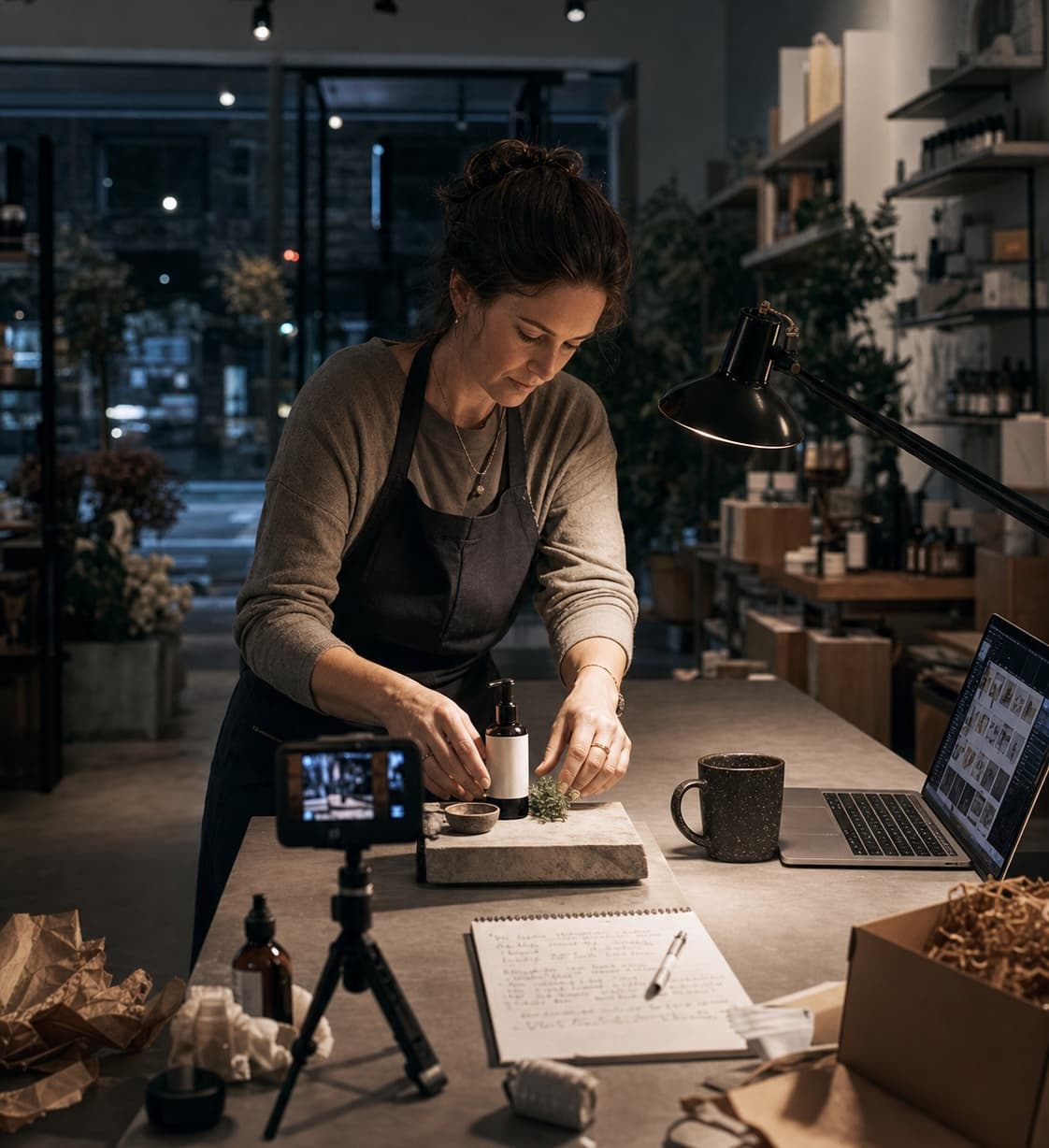 Small business owner creating product content alone after closing time