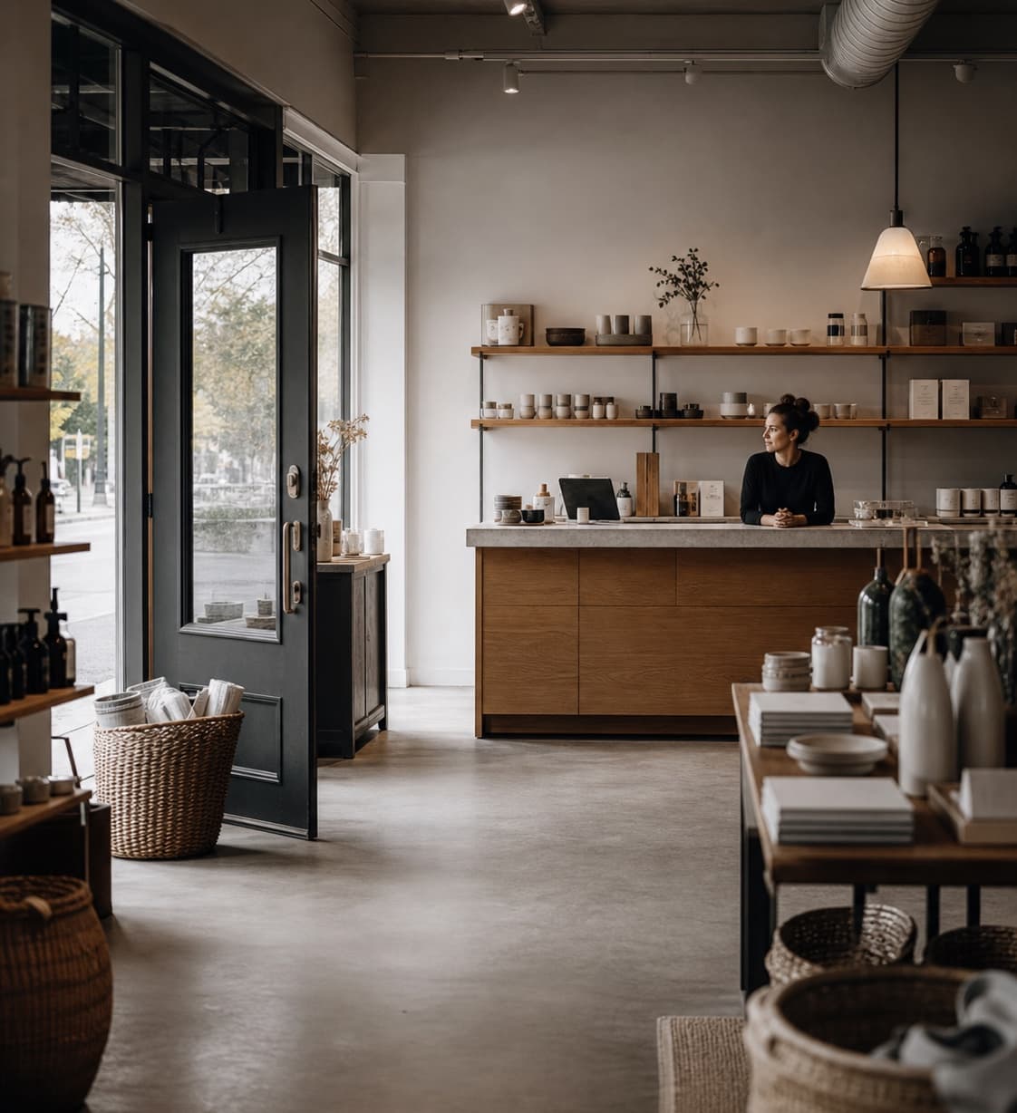 Small business owner waiting behind the counter of a prepared but empty store