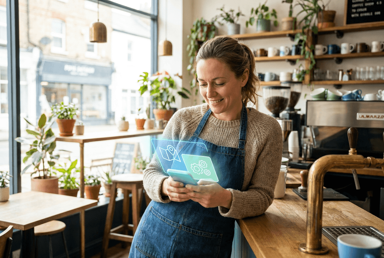 A small coffee-shop owner in her store smiling at her phone, which shows an AI assistant recommending local businesses.