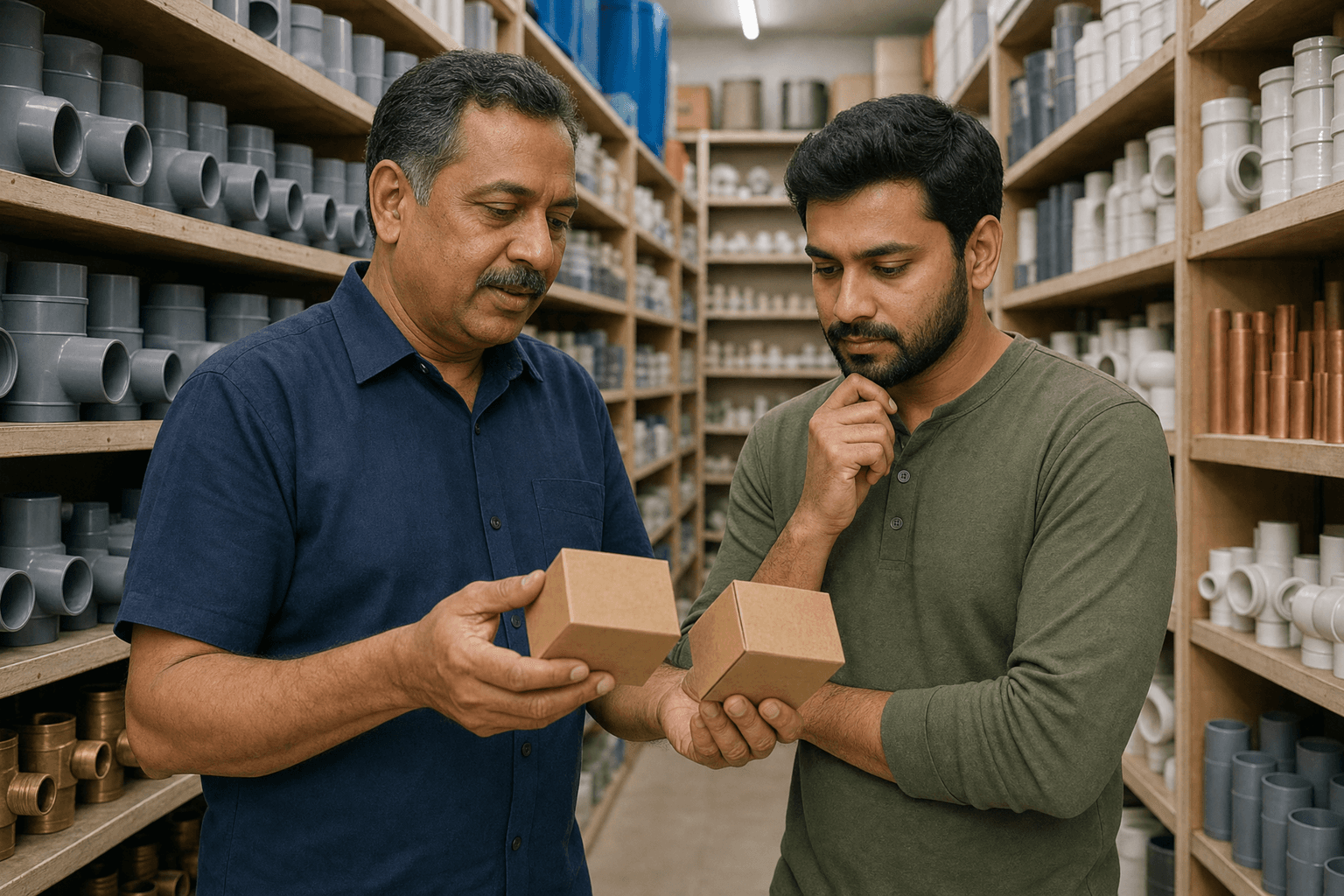 Hardware-store owner helping a customer compare parts in an aisle