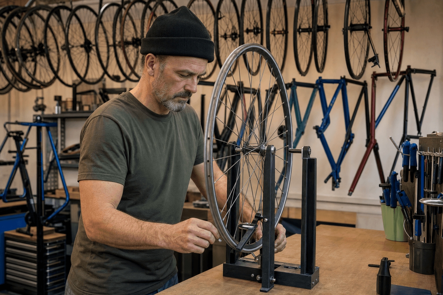 Bike-shop owner truing a wheel at his repair bench