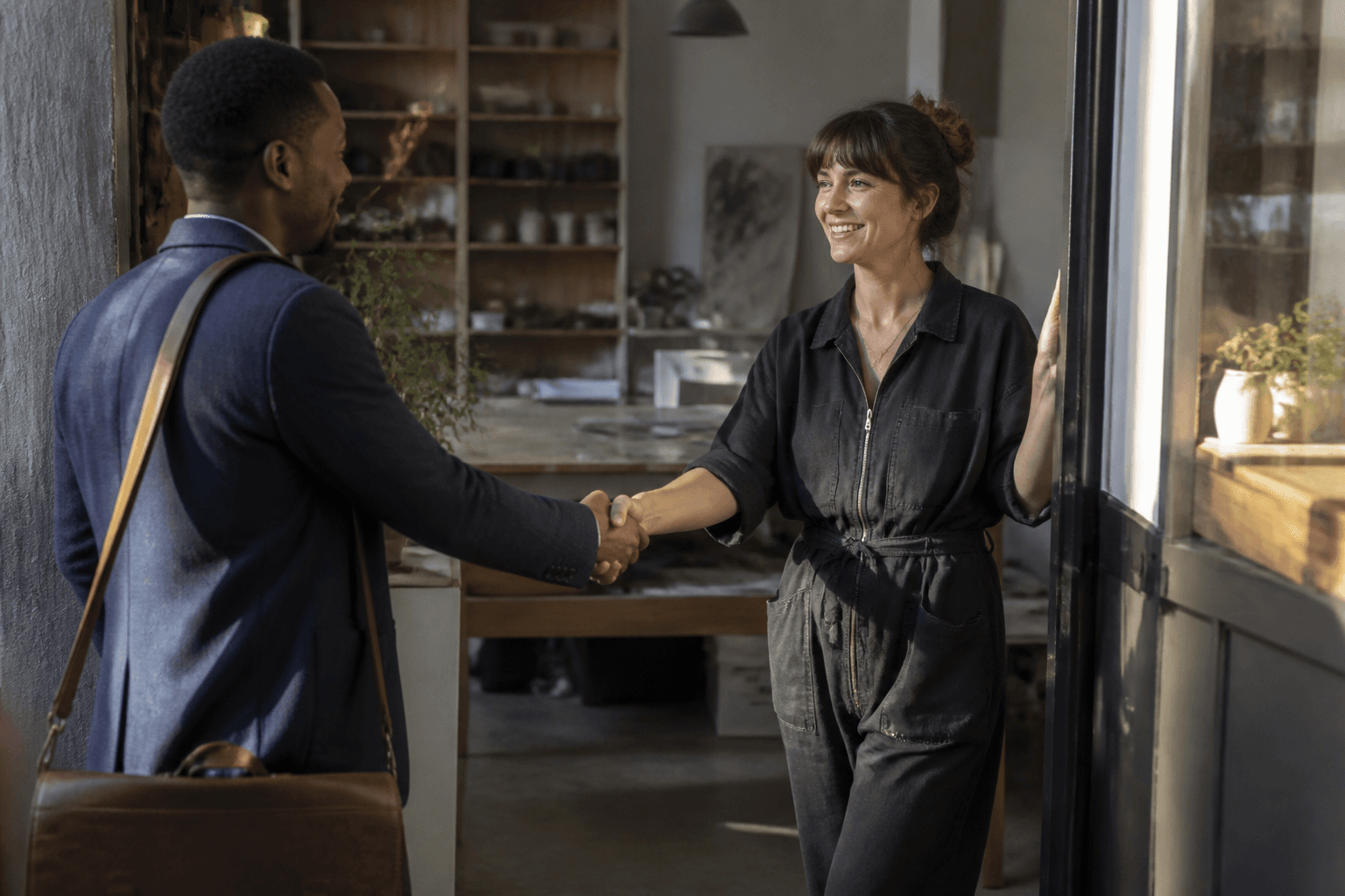 Consultant greeting a client at the door of a studio workspace