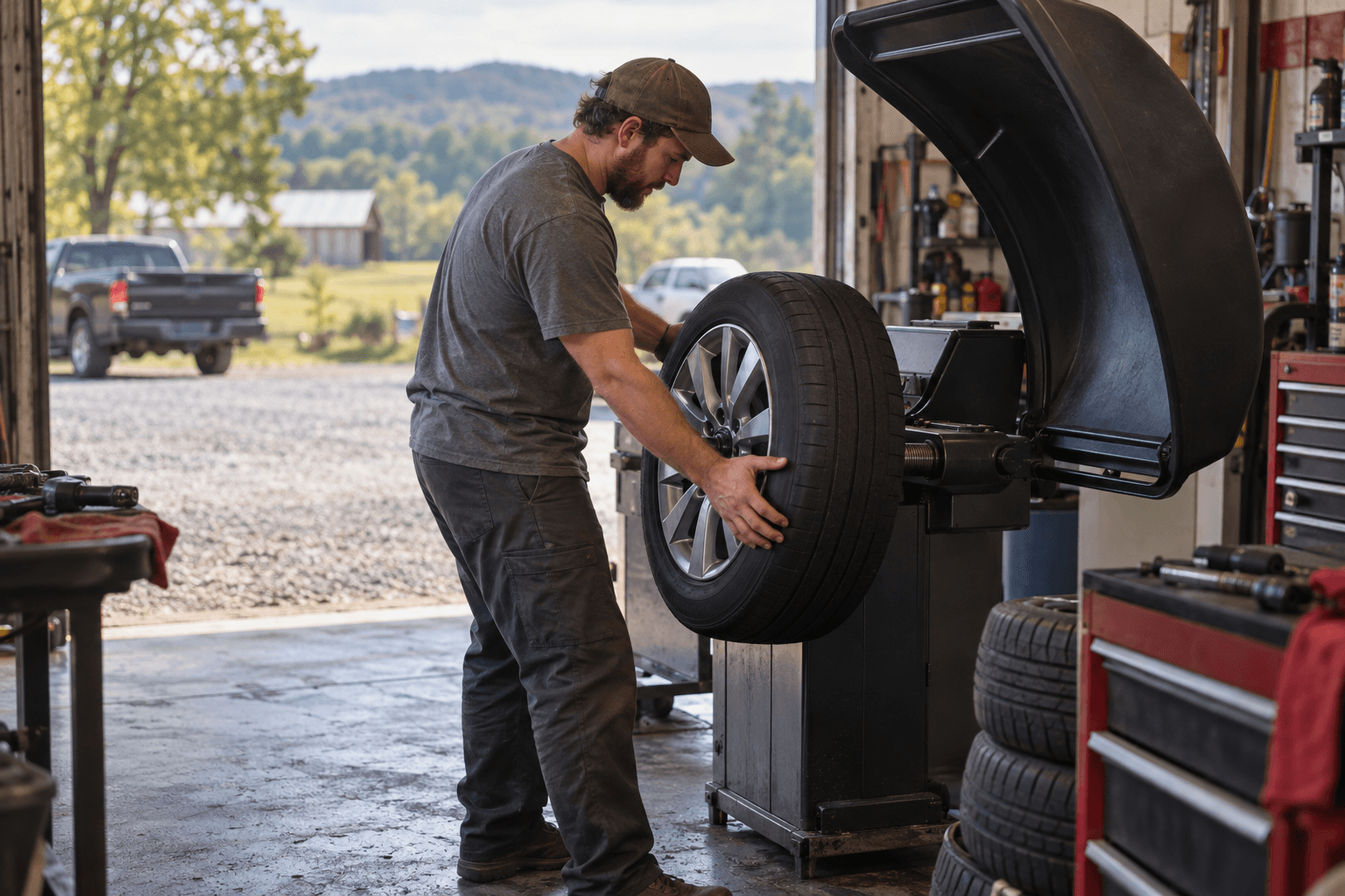 Tire technician balancing a tire in a small-town garage