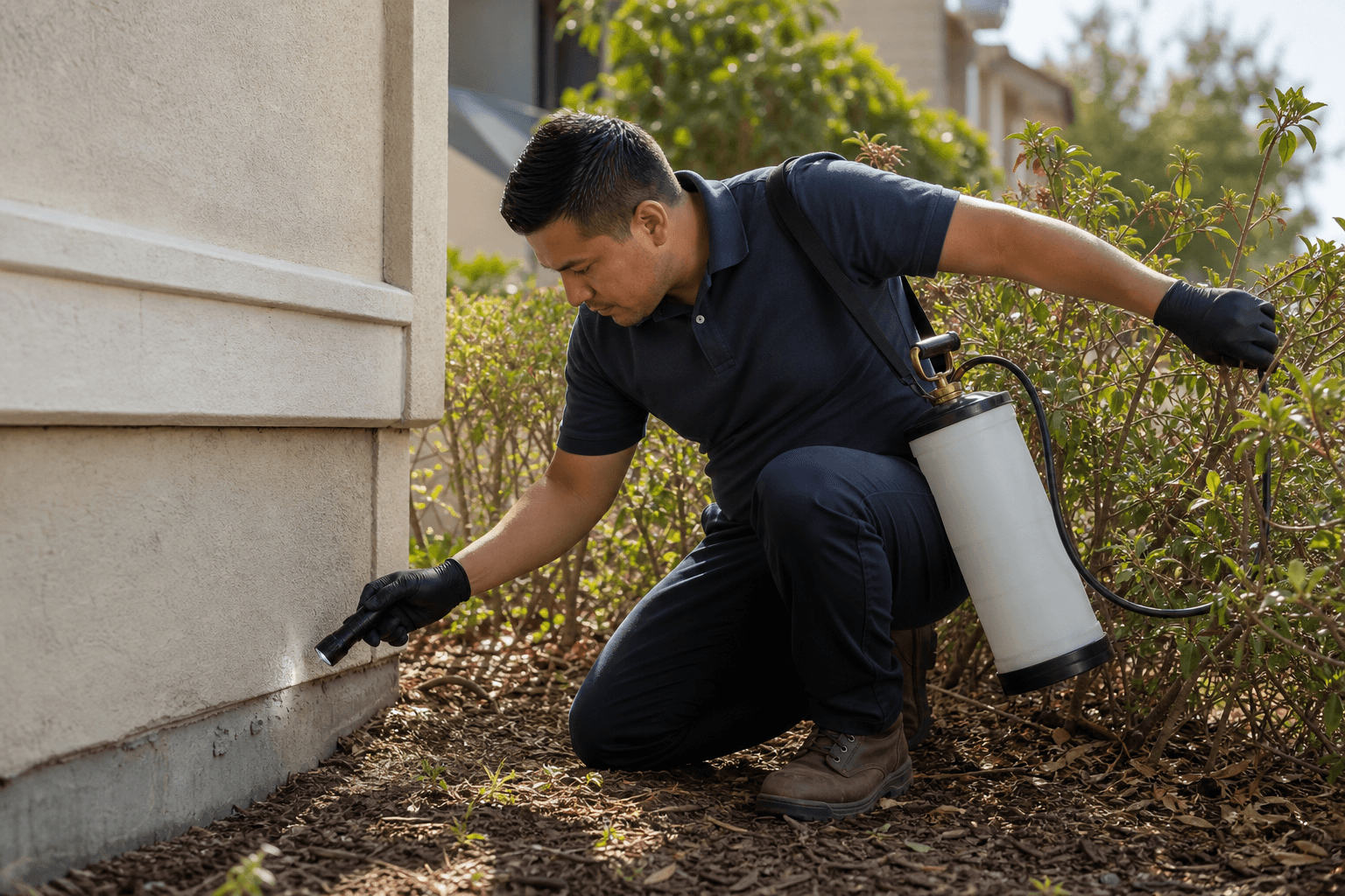 Pest-control technician inspecting a home's foundation line with a flashlight