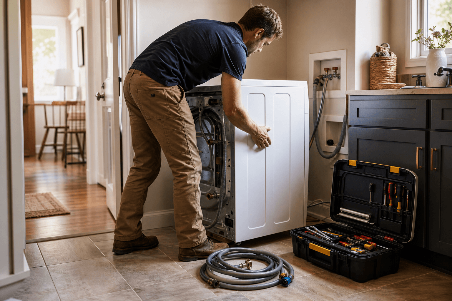 Appliance technician pulling a washer from the wall to reach the back panel