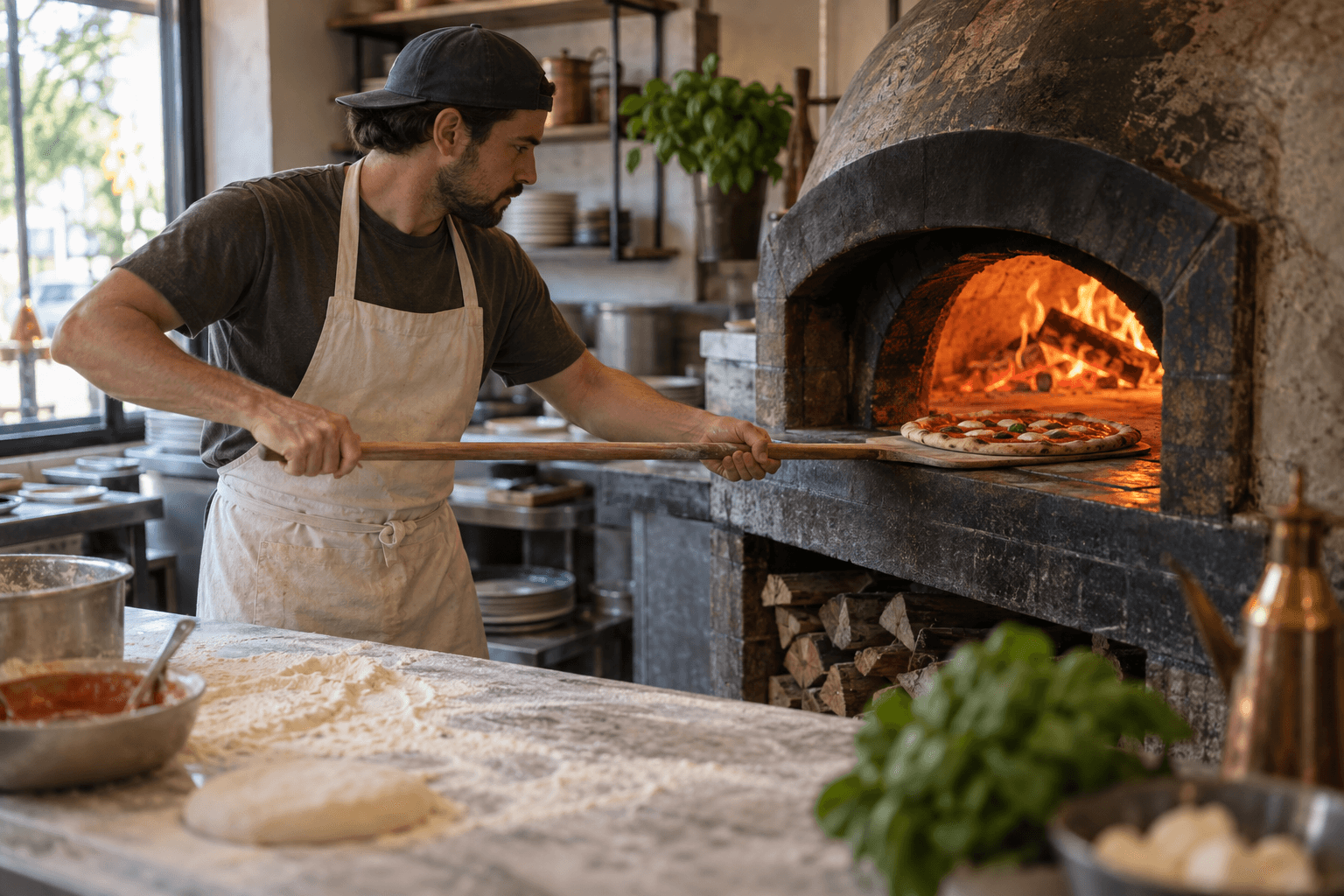 Pizzaiolo sliding a pizza into a wood-fired oven