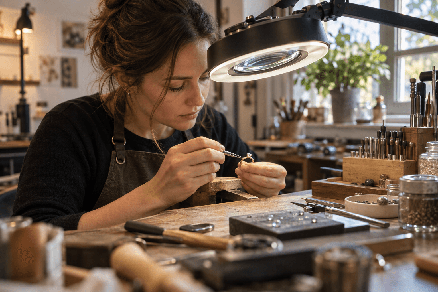 Jeweler setting a stone into a ring under a magnifier lamp