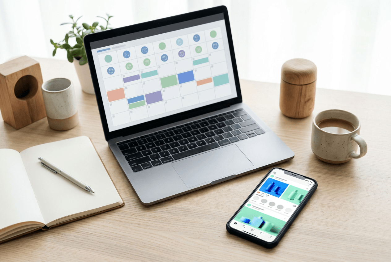 A tidy desk with a laptop showing a content calendar and a phone showing a feed of published posts.