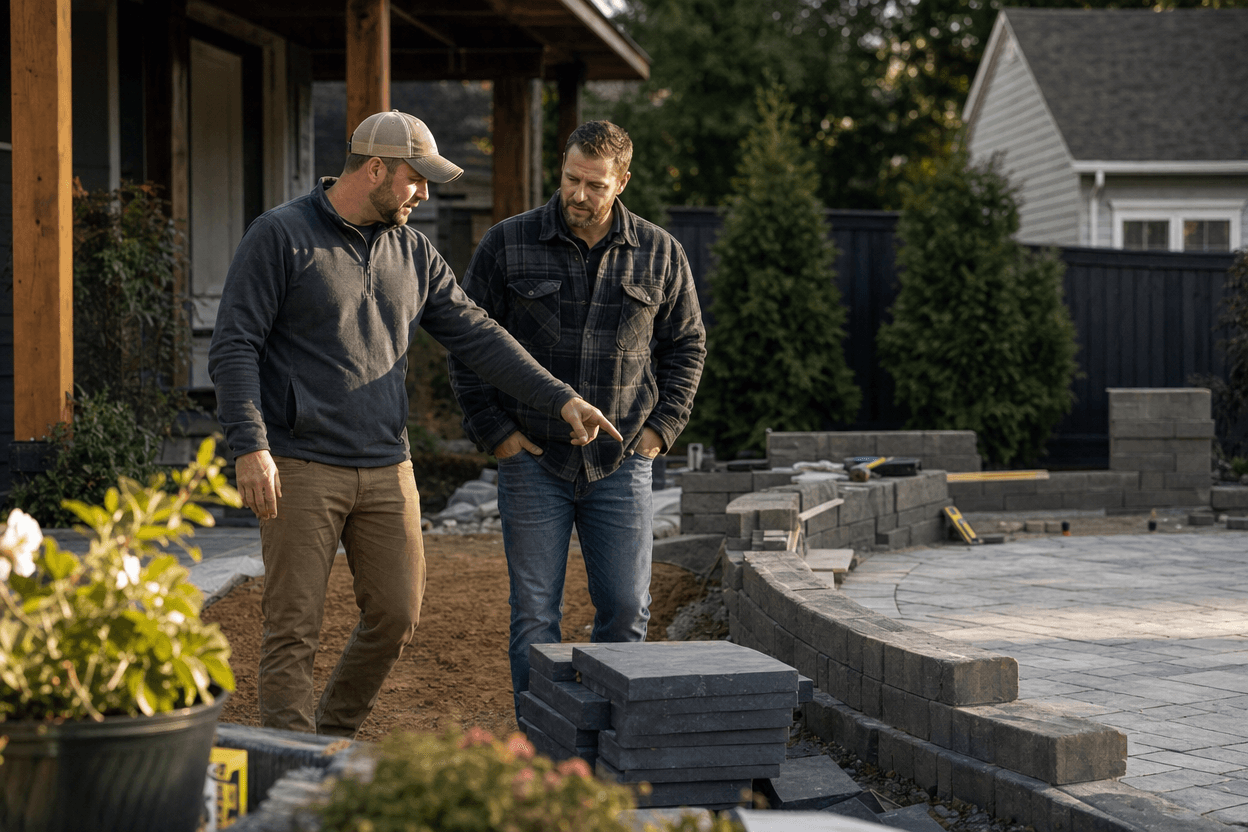 A landscaping business owner points out hardscaping details to a customer in a backyard mid-project, with pavers and tools visible nearby.