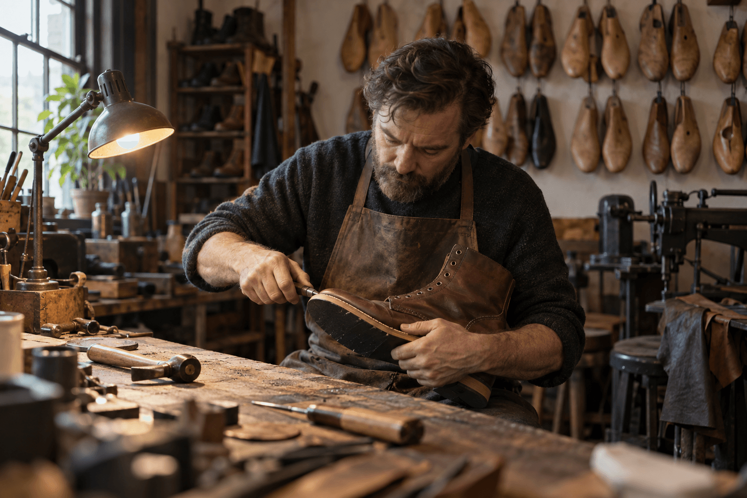 Cobbler resoling a leather boot at his workbench