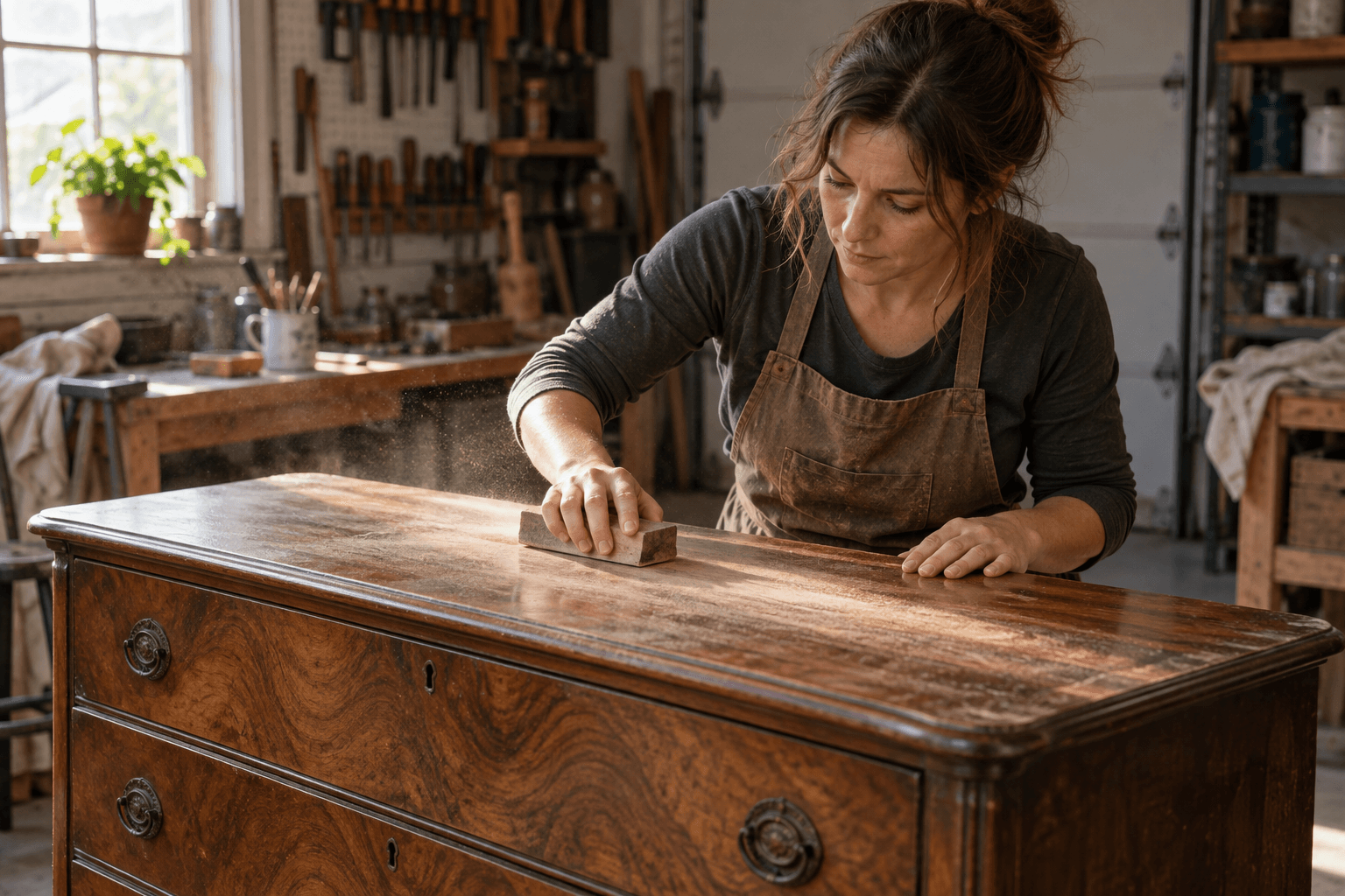 Furniture restorer hand-sanding an antique dresser