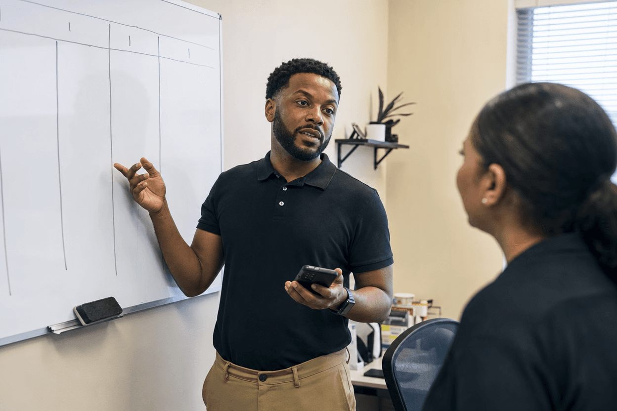A business owner and employee review a whiteboard tracking lead sources and booked jobs in a small office.