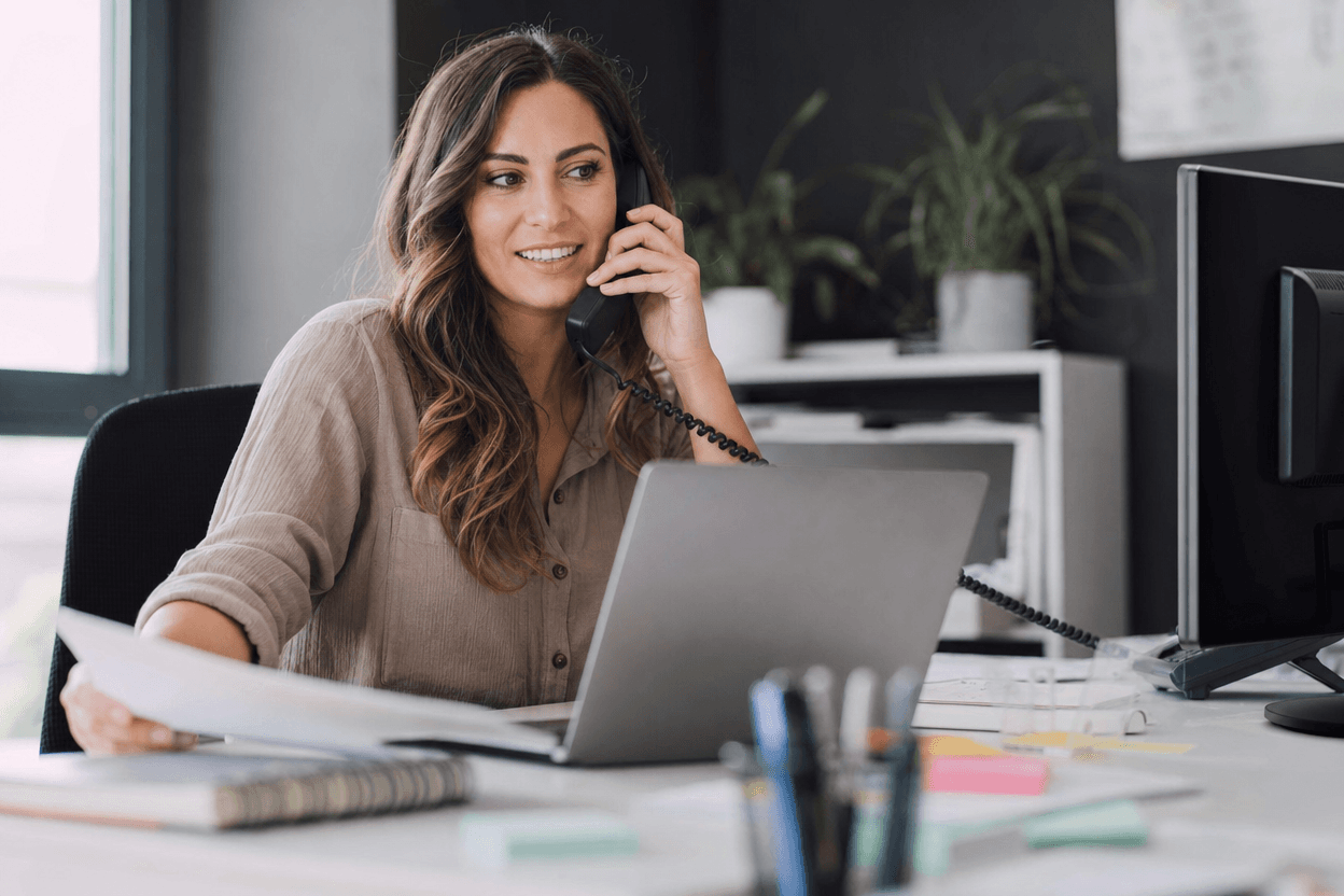 A small business sales rep on a phone call at a desk with a laptop and printed notes nearby.