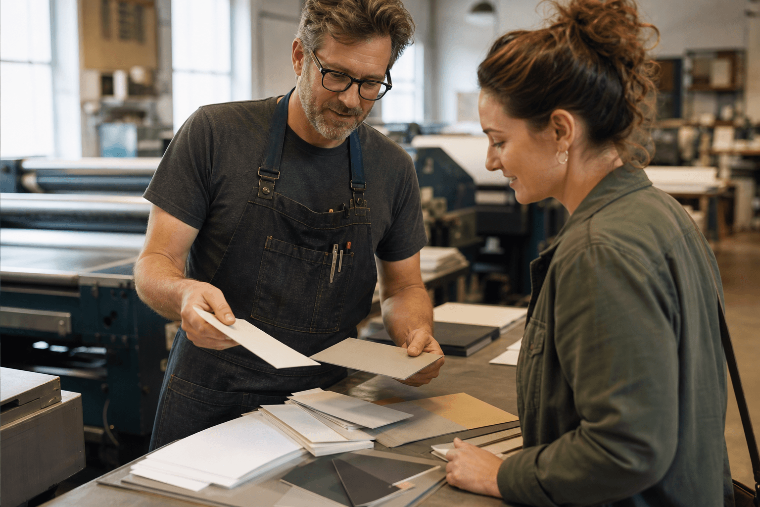 Print-shop owner walking a client through samples at the counter