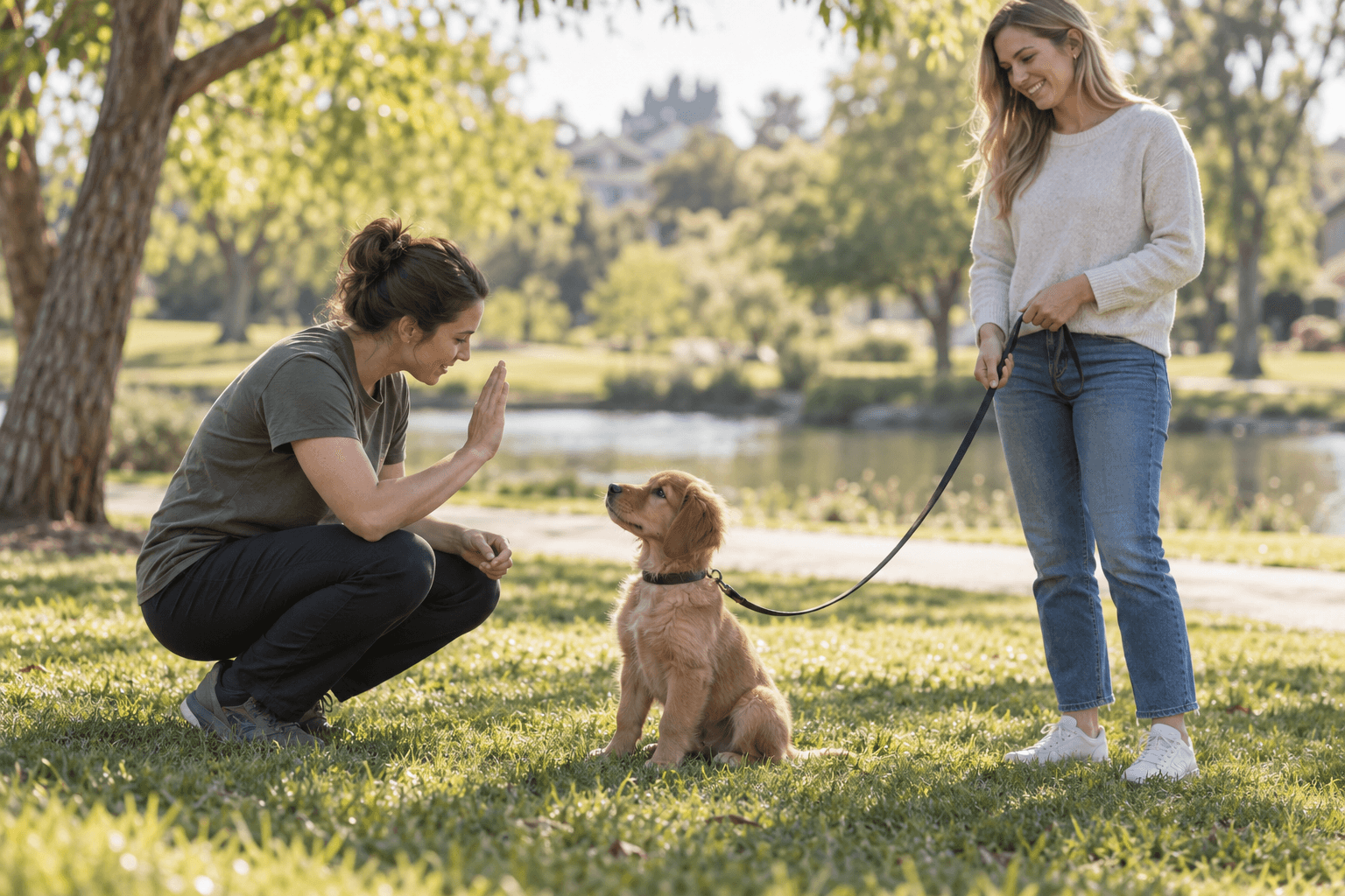 Dog trainer coaching a new client and her puppy in a park