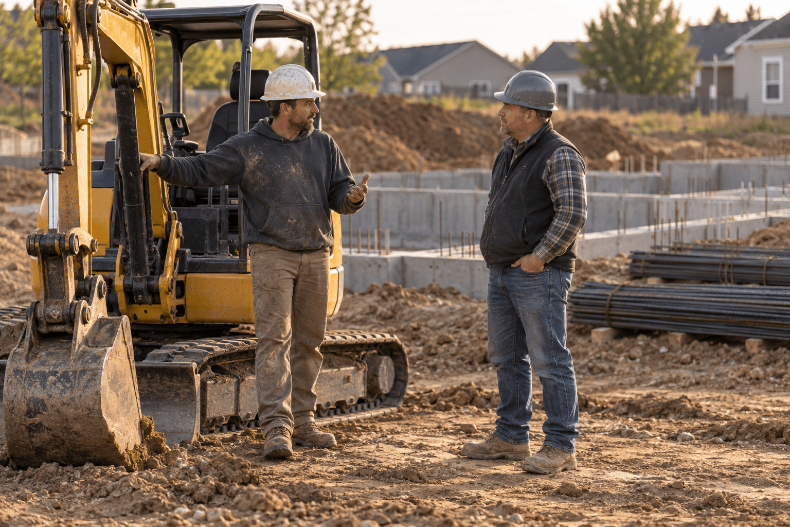 Excavator operator talking with a foreman on a job site