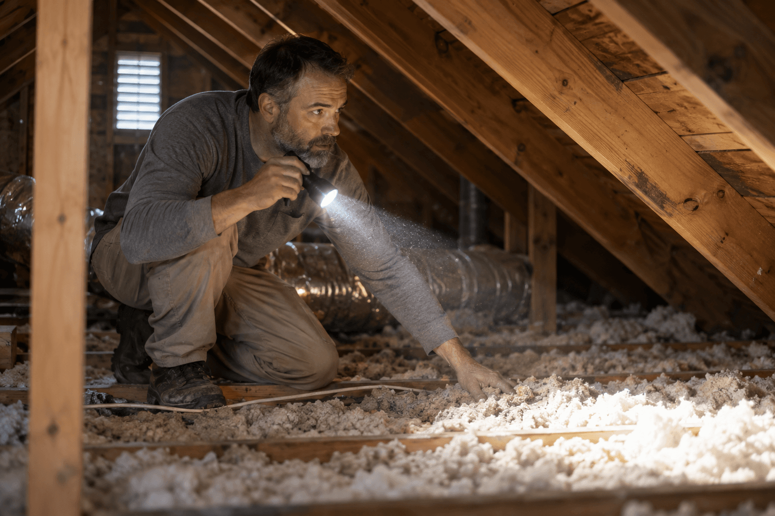 Home inspector checking attic insulation with a flashlight