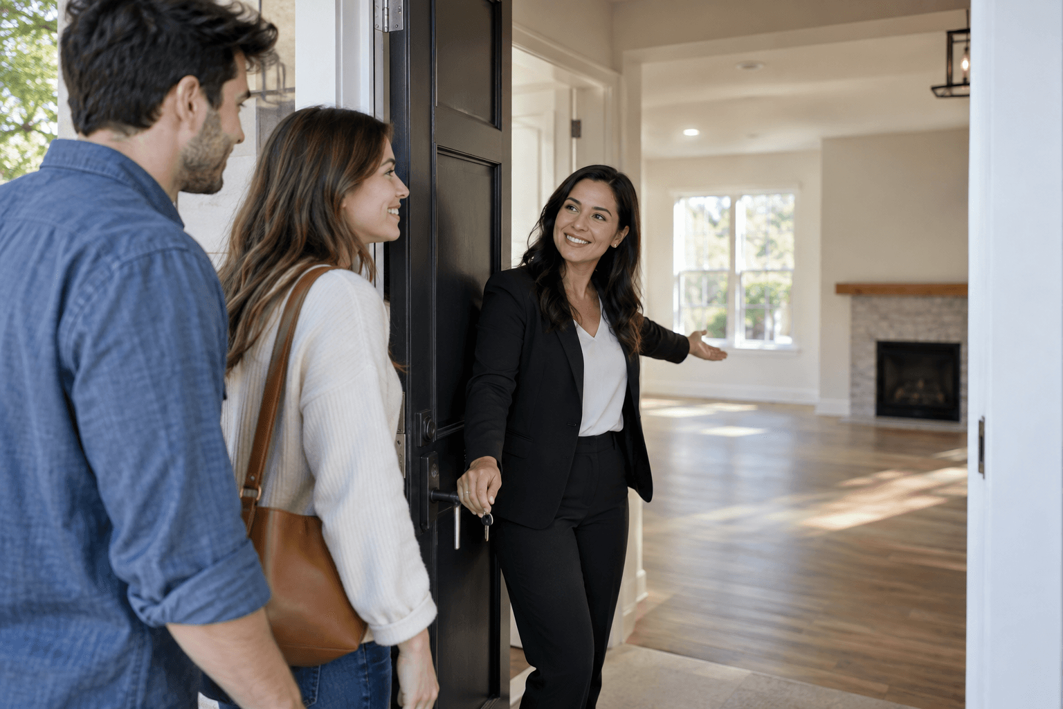 Real estate agent opening a house for a young couple