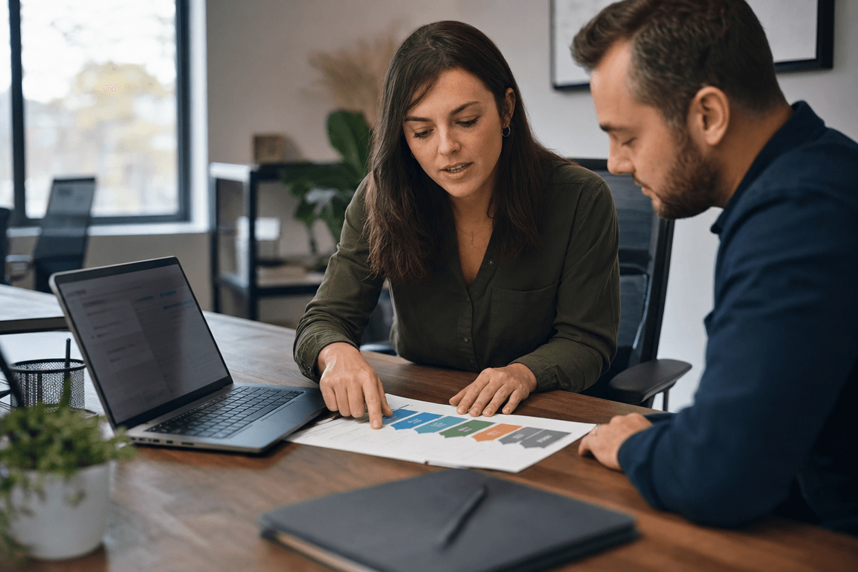 Two coworkers reviewing a sales pipeline chart together in an office, with a laptop open beside them.