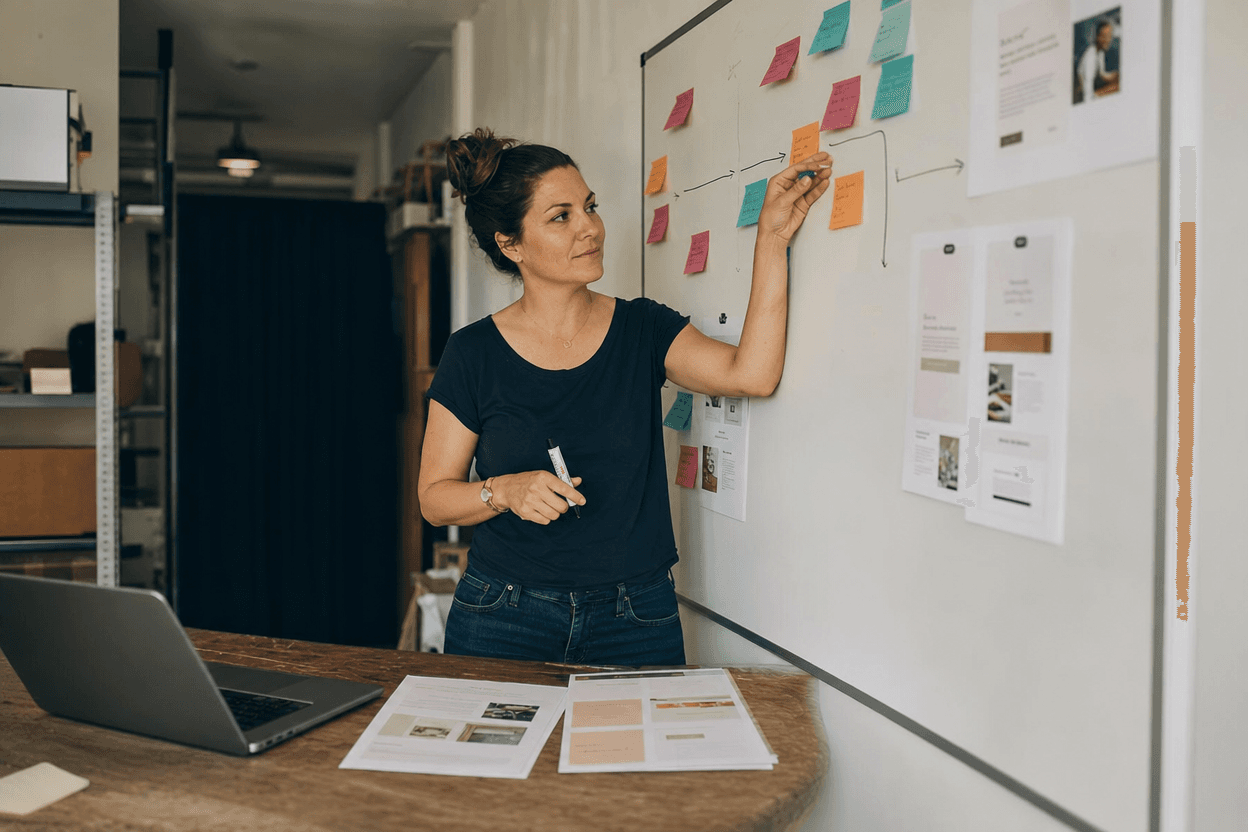 A small business owner maps out question-and-answer content structure on a whiteboard using sticky notes, with a laptop and printed pages on a nearby table.