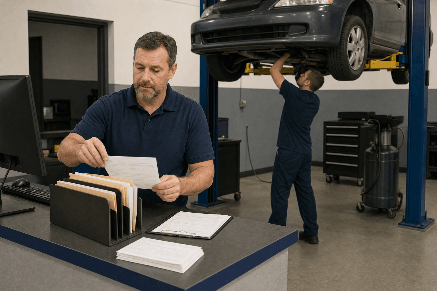 Service manager filing work orders at an auto-shop counter